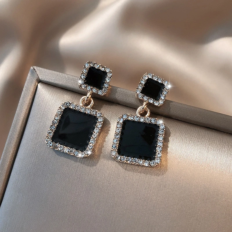 Statement Earrings 2019 Black Square Geometric Earrings For Women Crystal Luxury Wedding Rhinestone Earring Gold Color EB447