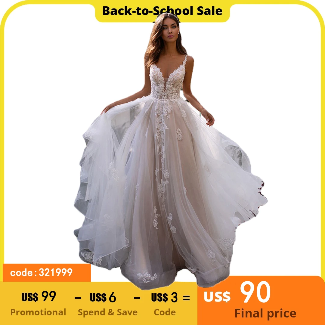 2019 Long Boho A-Line Backless Wedding Dress 3D Flowers Spaghetti Straps Bride Dresses Princess Floor Length Wedding Gowns