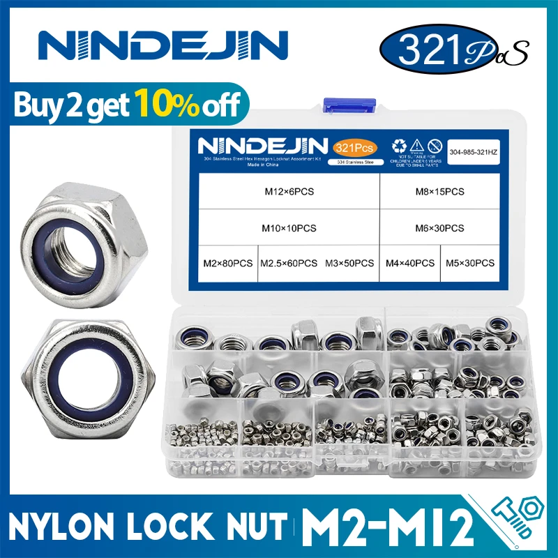 NINDEJIN 321pcs Nylon Lock Nut 304 Stainless Steel M2 M2.5 M3 M4 M5 M6 M8 M10 M12 Hex Hexagon Self locking Nut Assortment Kit