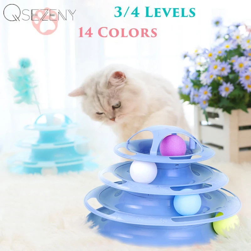 Qsezeny 3/4 Levels Pet Cat Toy Training Amusement Plate Kitten Tower Tracks Disc Cat Intelligence Amusement Triple Disc tumbler