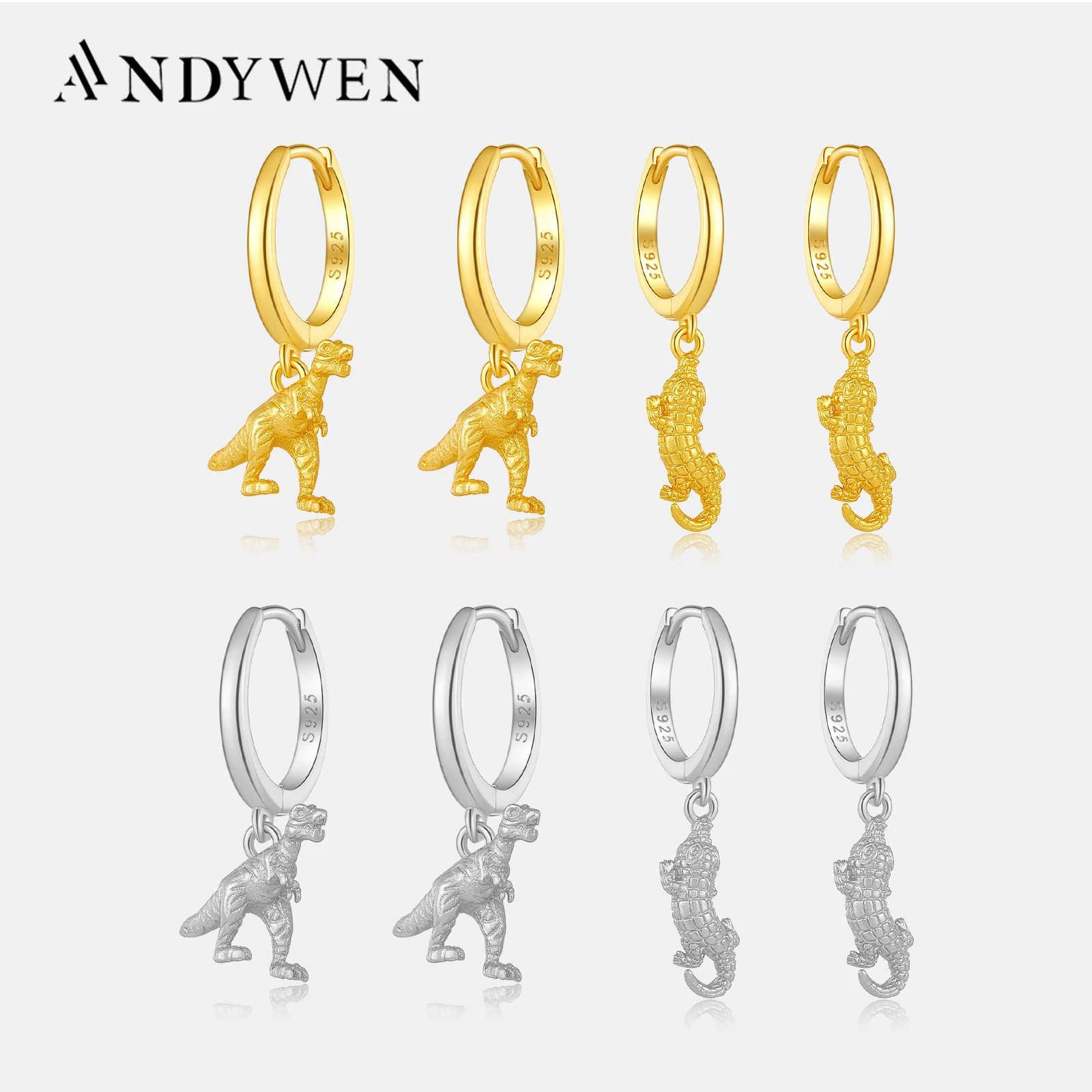 ANDYWEN 925 Sterling Silver Lizard Pendant Dinosaur Piercing Pendiente Drop Earring 2020 Animal Rock Punk Gold Collection Jewels