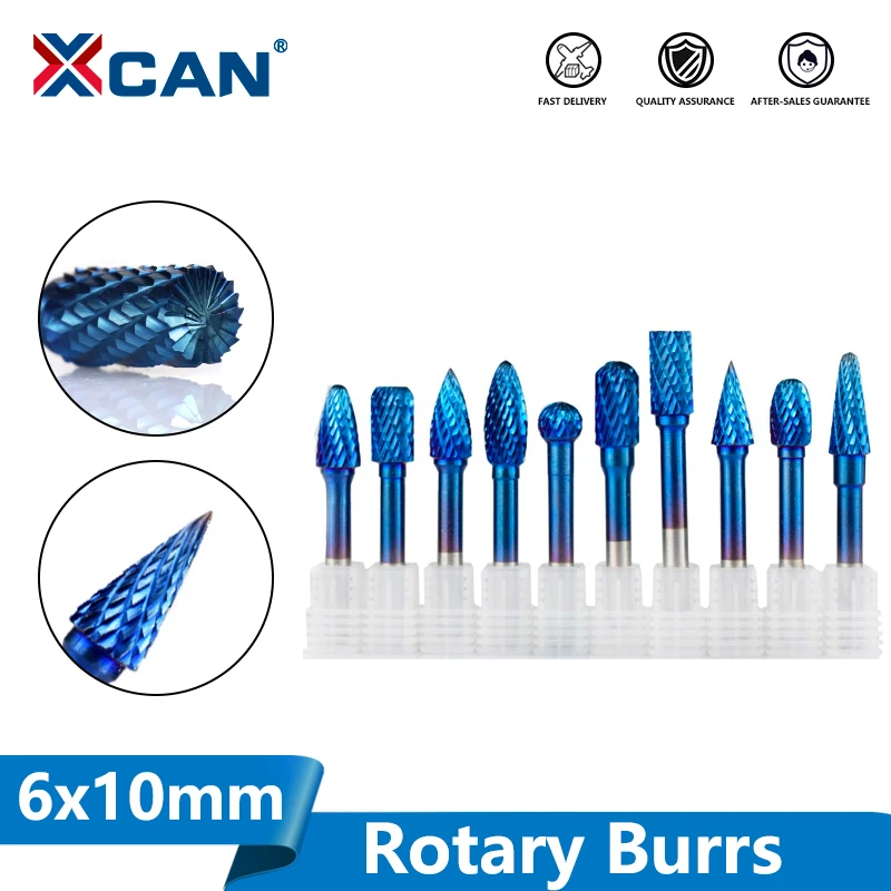 XCAN 1pc 6x10mm Tungsten Carbide Rotary Burss Super Nano Blue Coated Double Cut Rotary File