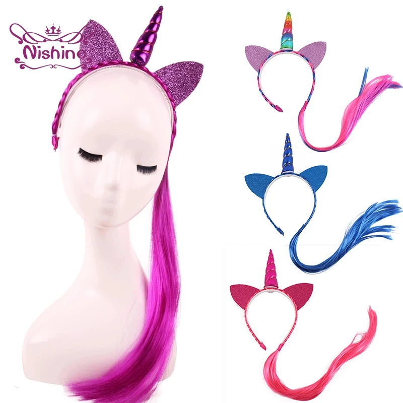 Nishine Rainbow Color Ponytail Unicorn Horn Headbands Glitter Ears Kids Girls Princess Braid Wig Hair Bands Headwear Accessories