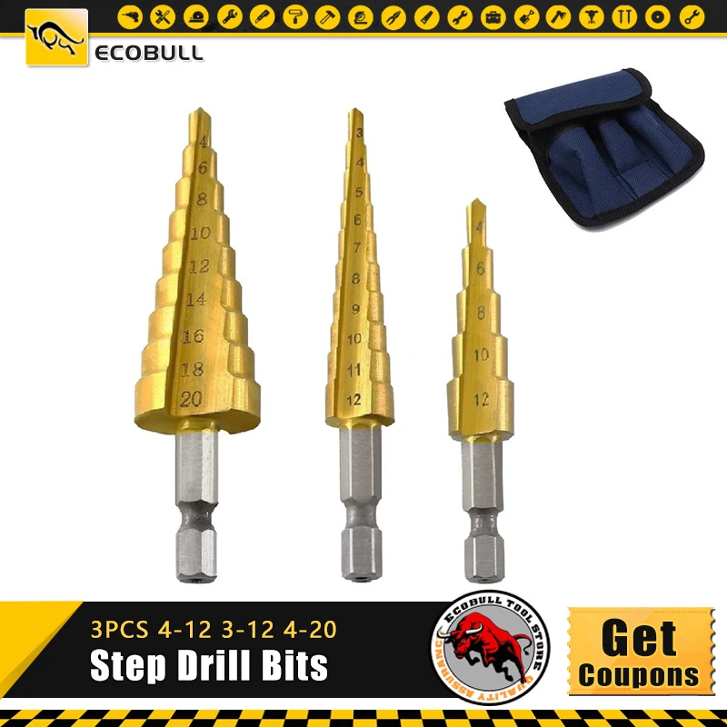 3pc Hss step drill bit set cone hole cutter Taper metric 4 - 12 / 20mm 1 / 4 