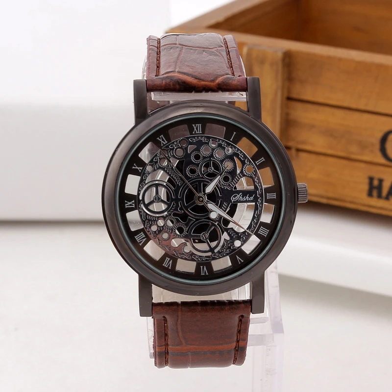 Fashion Business Watch Women Engrave Skeleton Hollow Reloj Hombre Dress Quartz Wristwatch Leather Band Women Clock Men Watches