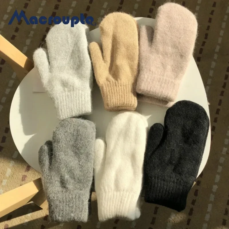 Double-layer rabbit hair gloves female winter Korean version of solid color all fingers winter women gloves girls mittens
