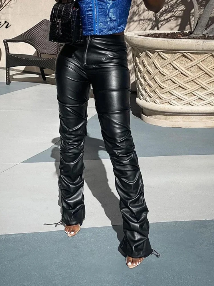 Whatiwear Faux PU Leather High Waist Black Stacked Pants Women Pants Clothing Fashion Hipster Street Style Long Trousers Hot