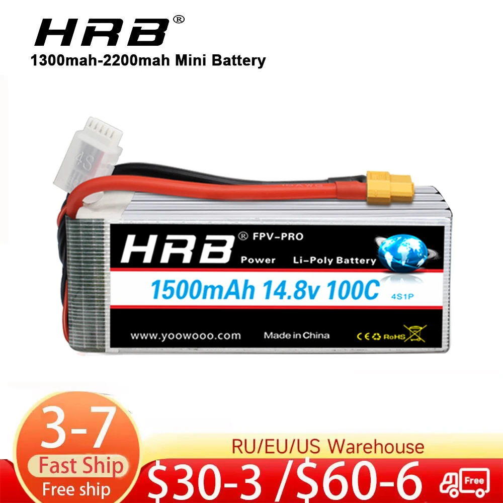 HRB 2S 3S 4S Lipo Battery 1300mah 1500mah 1800mah 2200mah with XT60 Connector For FPV Drone Quadcopter Jet Airplne 380L RC Car