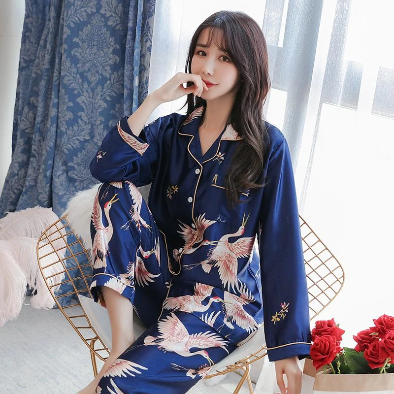 Oversize M-5XL Womens Long Sleeve Trousers Pyjamas Silk Satin Pajamas Sets Sleepwear Nightgown Suit Robe Bath Gown Sleepshirts