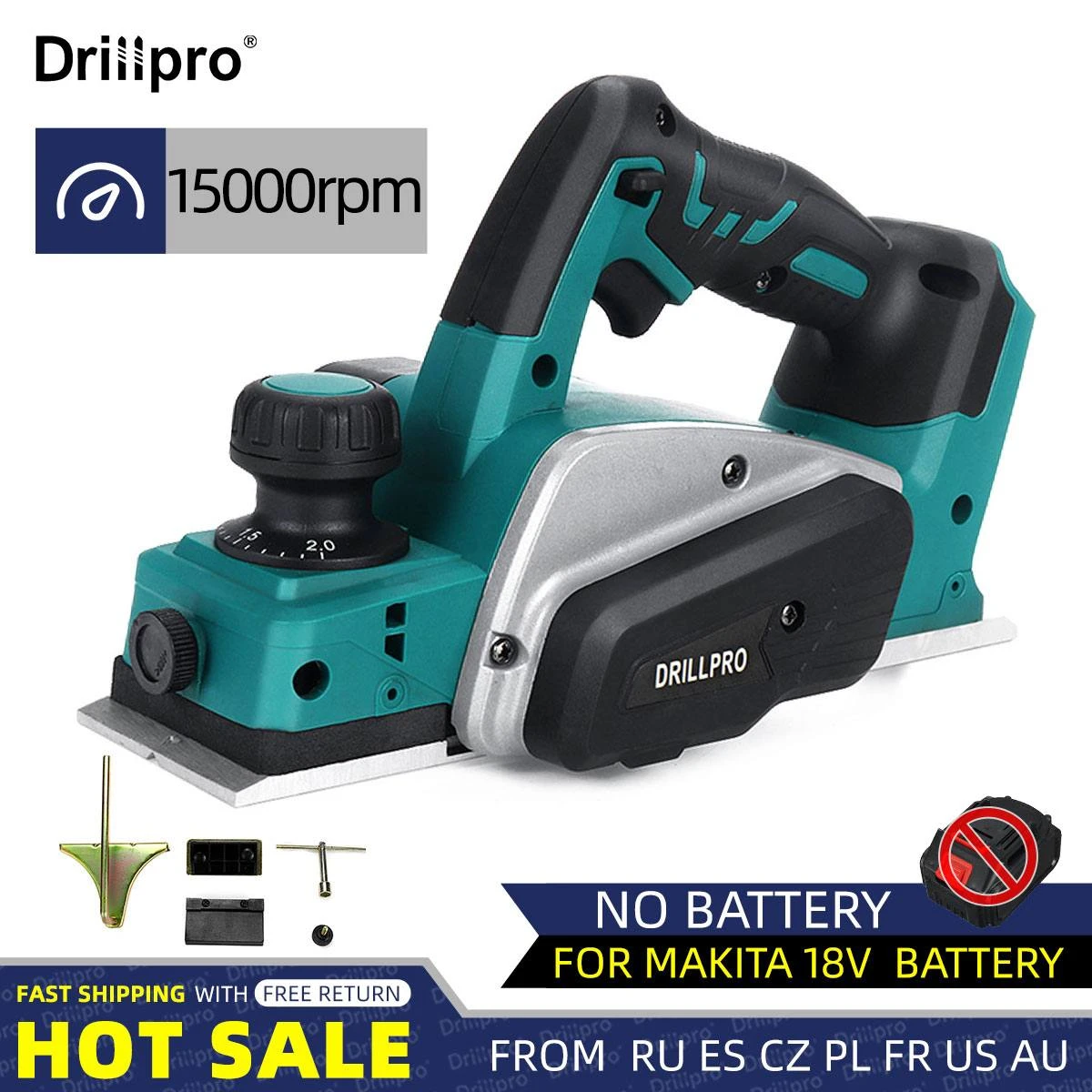 Drillpro 18V 15000r/min Cordless Electric Planer with Wrench Handheld Rechargeable for Makita 18V Battery Wood Cutting