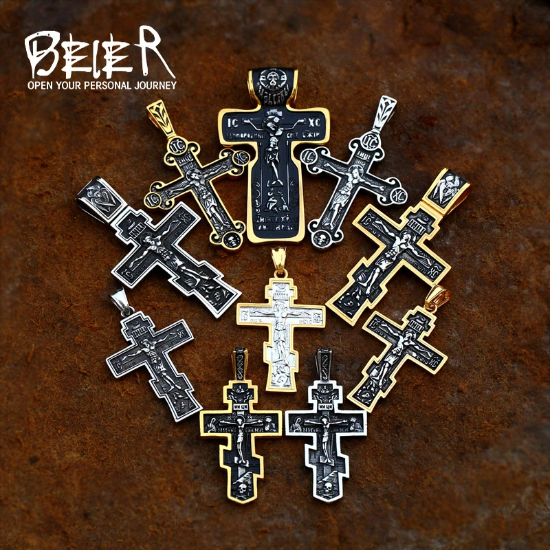 Beier Stainless Steel Jesus Cross Men's Crucifix Eastern Orthodox Pendant Chain Necklace Jewelry LLBP8-515P