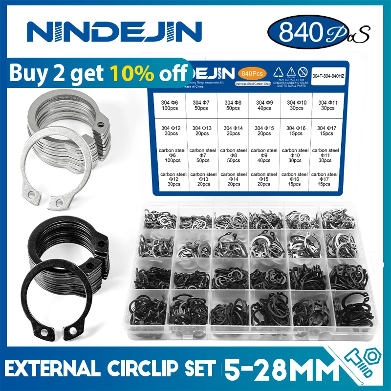 NINDEJIN 480pcs c clip external circlip snap retaining rings set stainless steel carbon steel 5-19mm circlip set for shaft