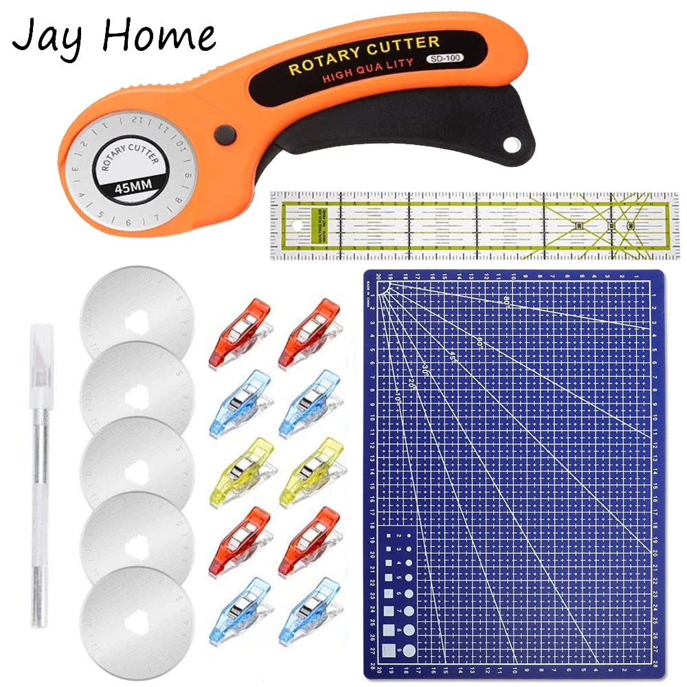 15Pcs 45mm Rotary Cutter Kit & Cutting Mat & Patchwork Ruler & Sewing Clips for Cloths Fabric Leather DIY Sewing Craft
