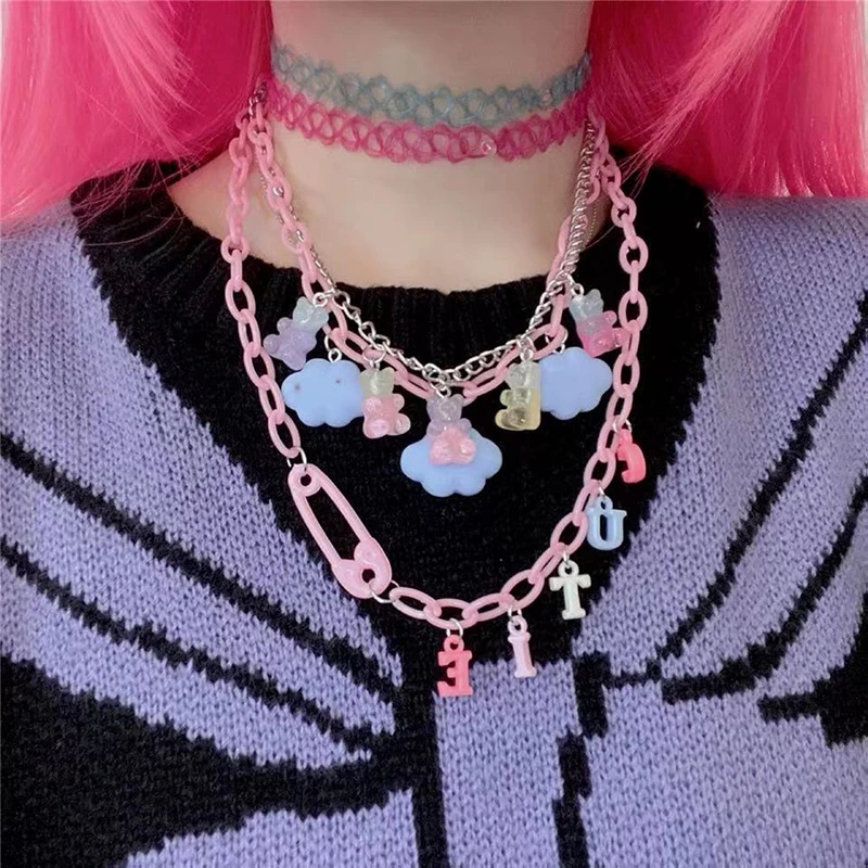 Harajuku Cloud Bear Acrylic Pendant Necklace for Women Girl Animal Cute Party Gifts Vintage Choker Necklace Fashion Jewelry New