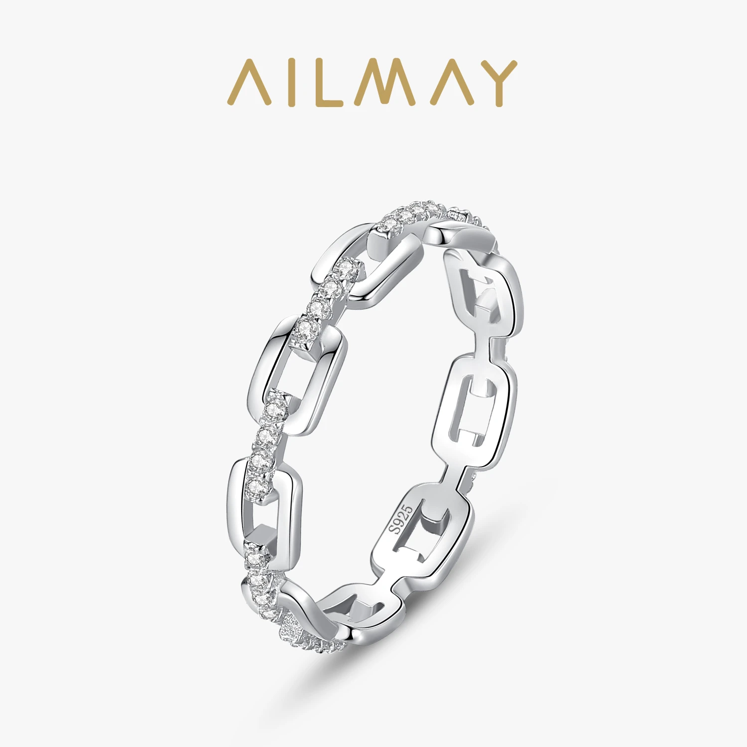 Ailmay 100% 925 Sterling Silver Simple Cadena Hueca Stackable Charm Finger Ring For Women Girls Party Accessories Jewelry