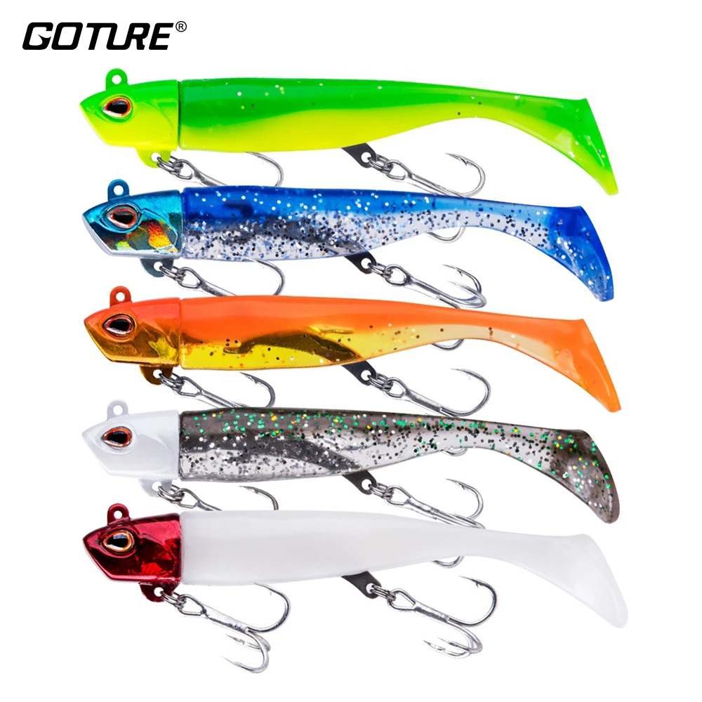 Goture 5pcs/lot Soft Fishing Lure Black Minnow Swimbait Artificial Bait Jig Head Silicone Body Fishing Tackle (1Head + 2 Tail)