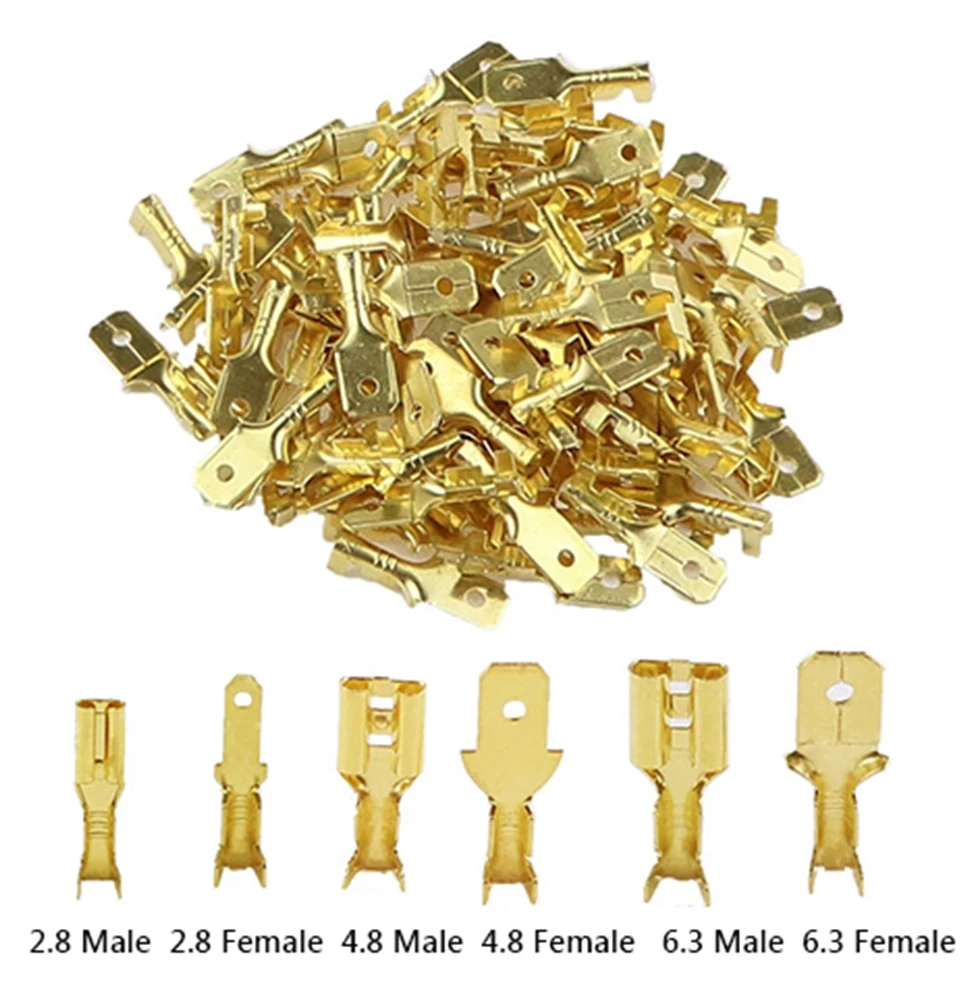 100Pcs/lot   2.8/4.8/6.3mm Female and male Crimp Terminal Connector Gold Brass/Silver Car Speaker Electric Wire Connectors  50 S