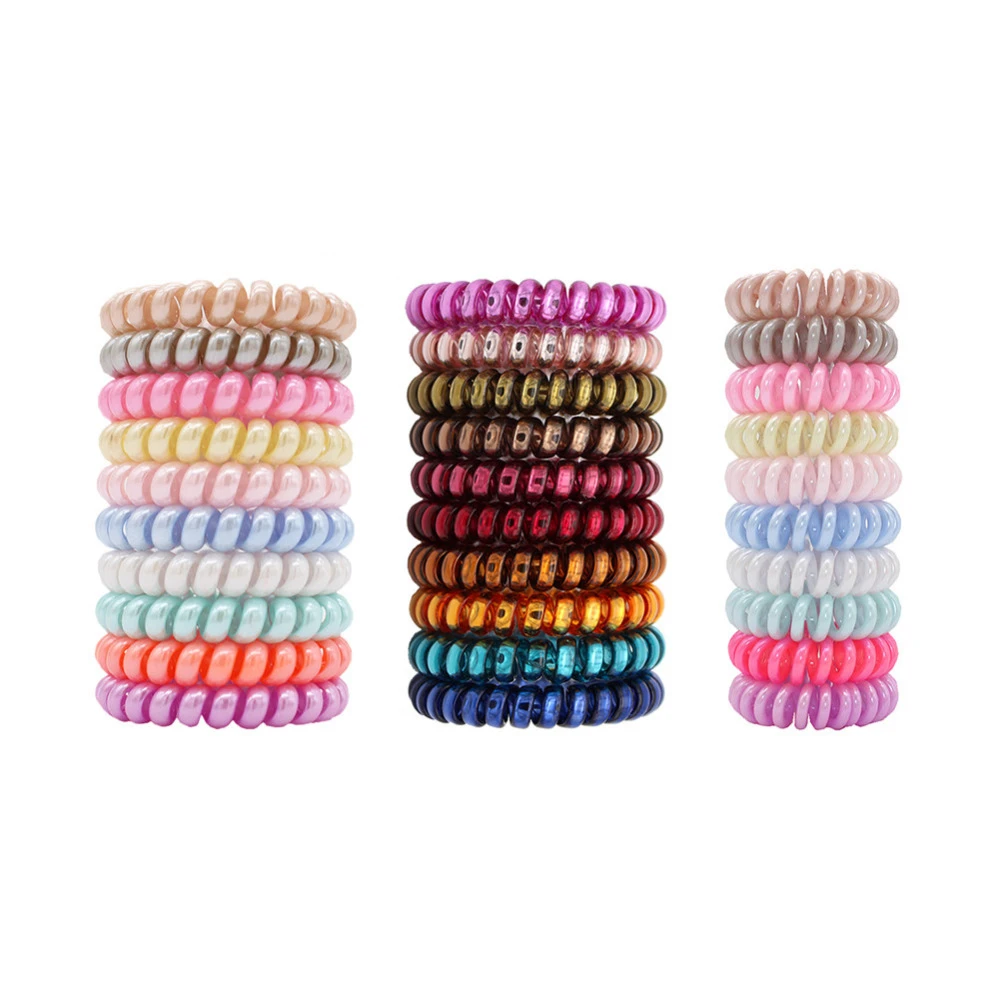 10pcs Top Fashion Ice Cream Colorful Spiral Spin Screw Telephone Wire Hair Ties Pearly Premium Plastic Rubbers Ponytails