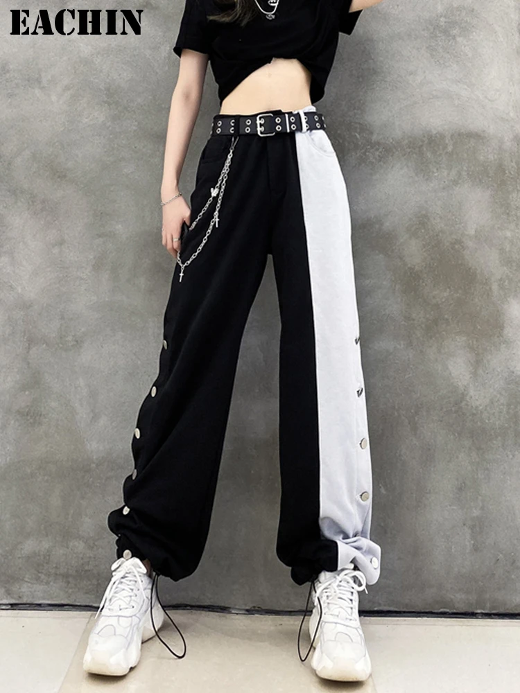 New Arrival Women Fashion Contrast Cargo Pants Female Elastic Waist Wide Leg Trousers Ladies Korean High Street Pant Plus Size