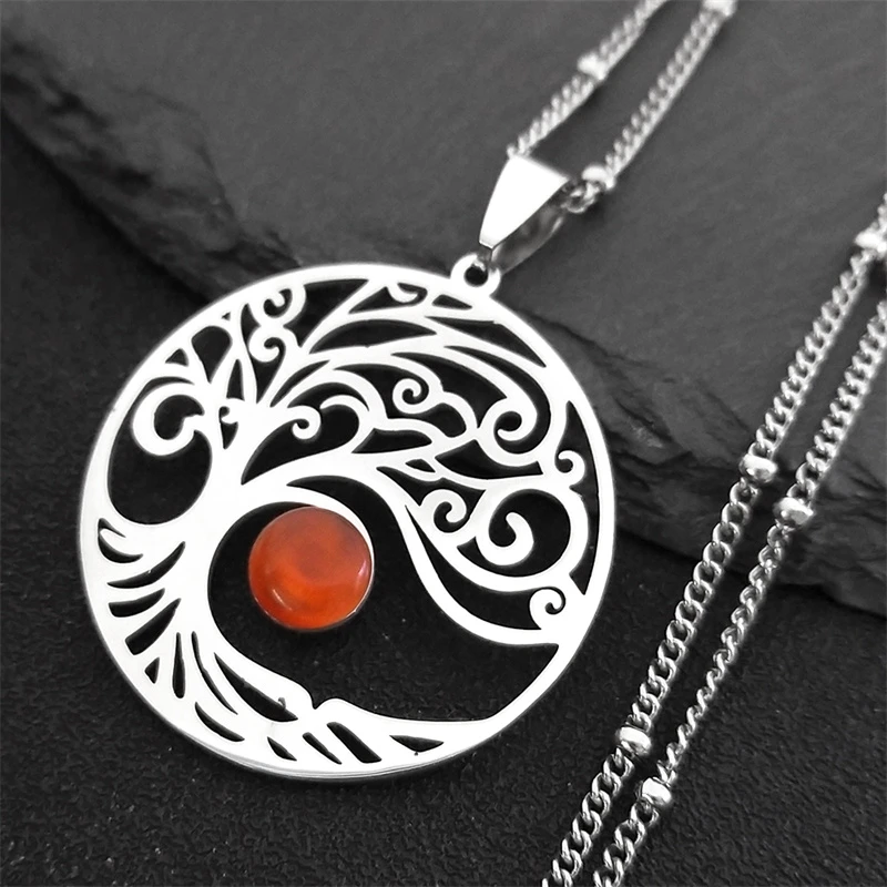 2021 Bohemian Sun Tree of Life Opal Stainless Steel Necklace Women Silver Color Charm Necklace Jewelry collier femme N32S04