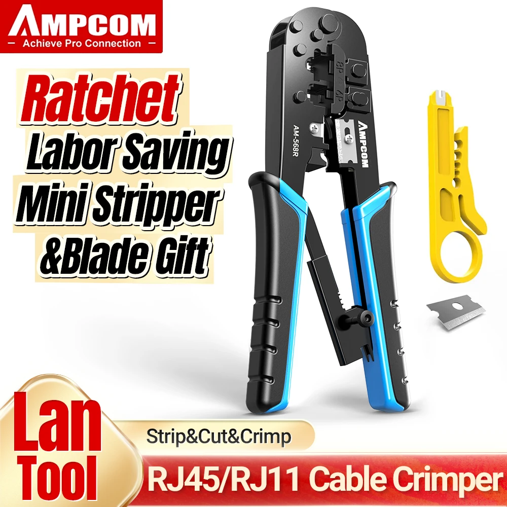 AMPCOM rj45 crimper RJ11 RJ45 Crimping Tool Ethernet Network LAN Cable Crimper Cutter Stripper Plier for 6P 8P RJ-11/RJ-12 RJ-45
