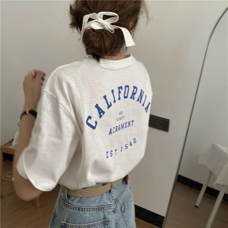 Letter Printed Causal Loose Simple Thin Short Sleeve Vintage Fresh College Wind New Arrival 2021 Summer Women T-shirts