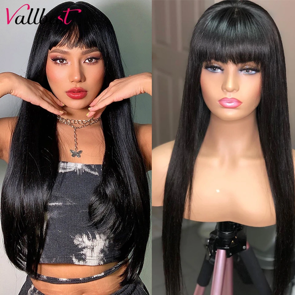 Vallbest Straight Human Hair Wigs With Bangs Full Machine Made Wigs 100% Human Hair Brazilian Remy Hair No Lace Wigs For Women