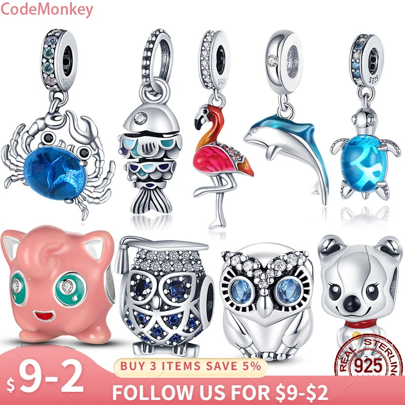 Code Monkey Hot Sale 100% 925 Sterling Silver Zircon Owl Animal Series Charm Beads fit 3mm Bracelet & Bangles DIY Jewelry Making