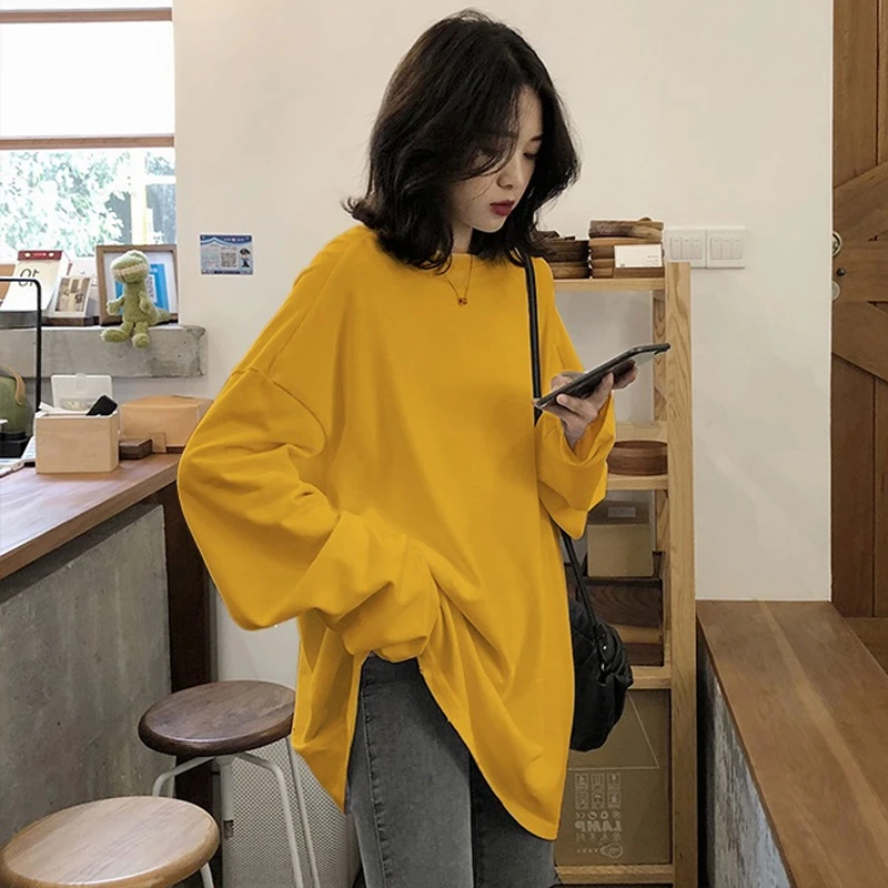 spring autumn Solid Simple oversized tshirt harajuku long T Shirt Women kawaii T-shirts Women 90s White yellow long Sleeve Tops