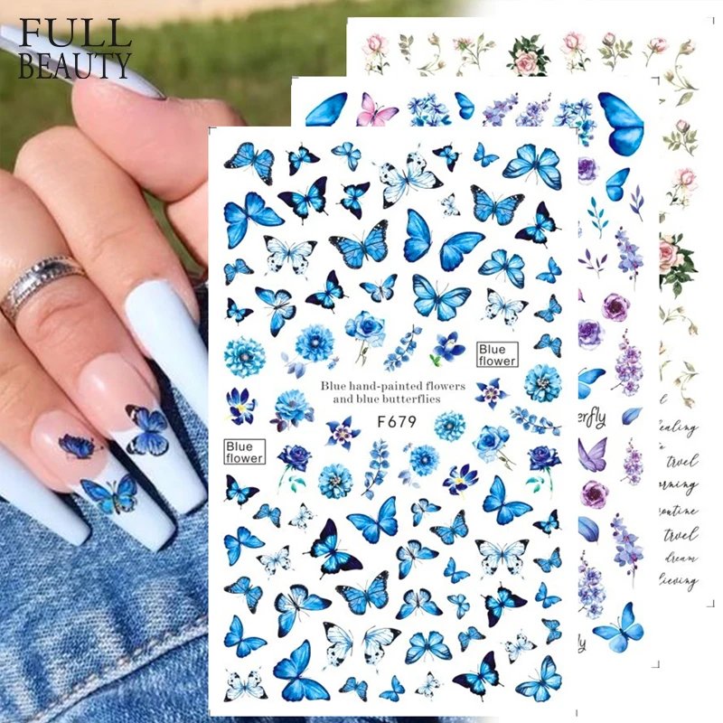 Holographic Butterflies Nails Art Manicure Stickers Blue Black Decals Spring Theme Flowers Nail Decoration Manicure CHF672-681