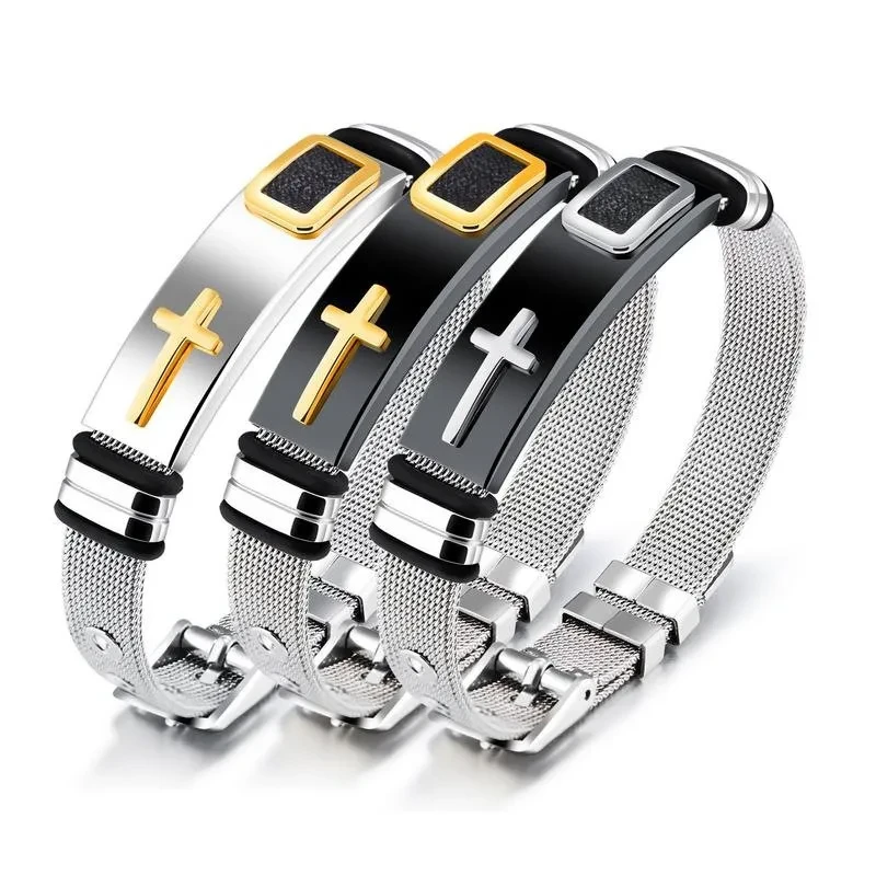 Length Adjustable Stainless Steel Strap Bracelets for Man Women Watch Band Style Punk Net Band Christian Cross Prayer Male