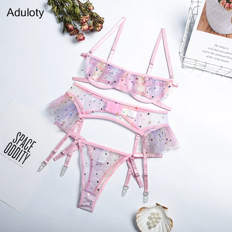 Aduloty Lace Hollow Sexy Bra and Panties Set Bright Stars Girl Heart Underwear Suit Contrast Sequin Mesh Garter Lingerie Set