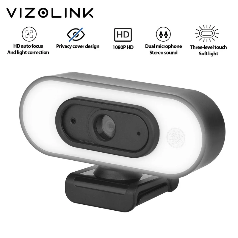 VizoLink Webcam Camera Real 1080P Full Hd Wide Angle 3 Grades Brightness with Microphones and Tripod for Video Conference