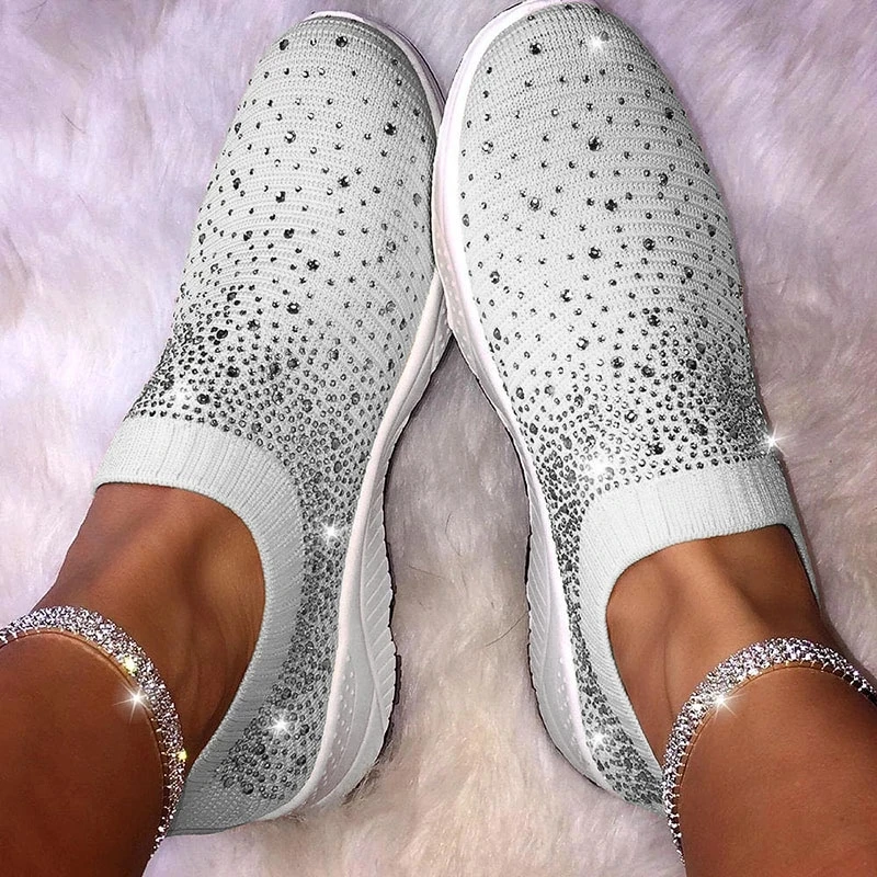 Women Flats Sneakers Crystal Fashion Bling Sneakers Casual Slip On Sock Trainers Winter Women Vulcanize Shoe Zapatillas Mujer