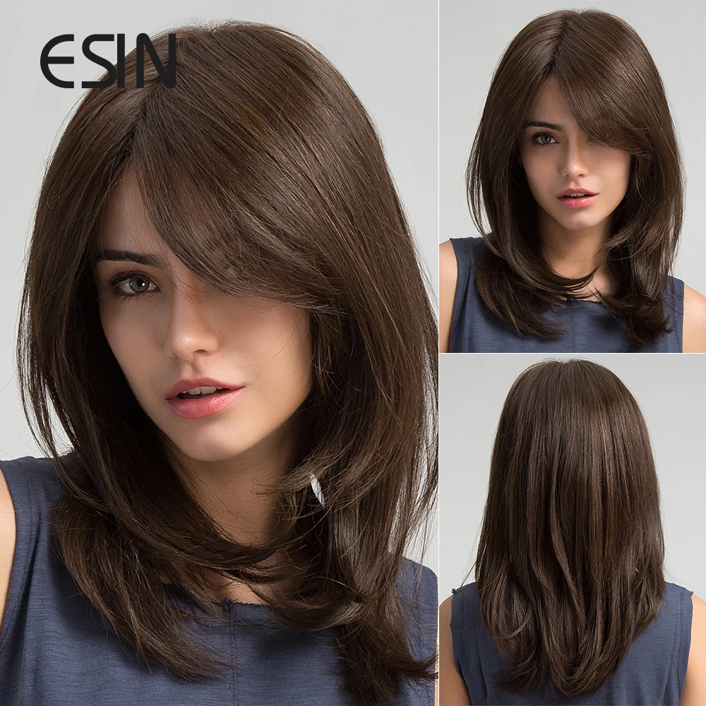 ESIN Dark Brown Wig Long Wave Wigs for Women Synthetic Hair Wigs With Bangs Heat Resistant Party Daily Natural