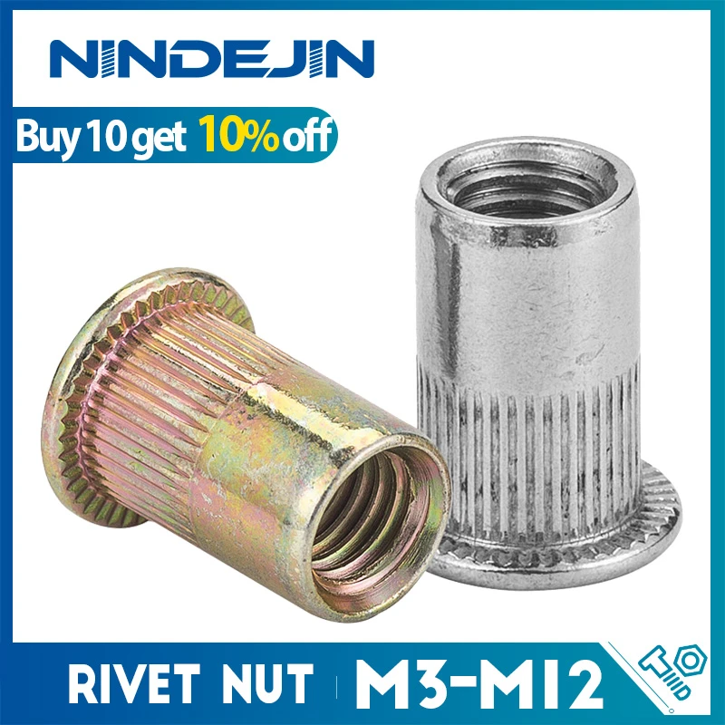 NINDEJIN 4-60pcs flat head rivet nut stainless steel m3 m4 m5 m6 m8 m10 m12 rivnut zinc plated cap rivet threaded nut