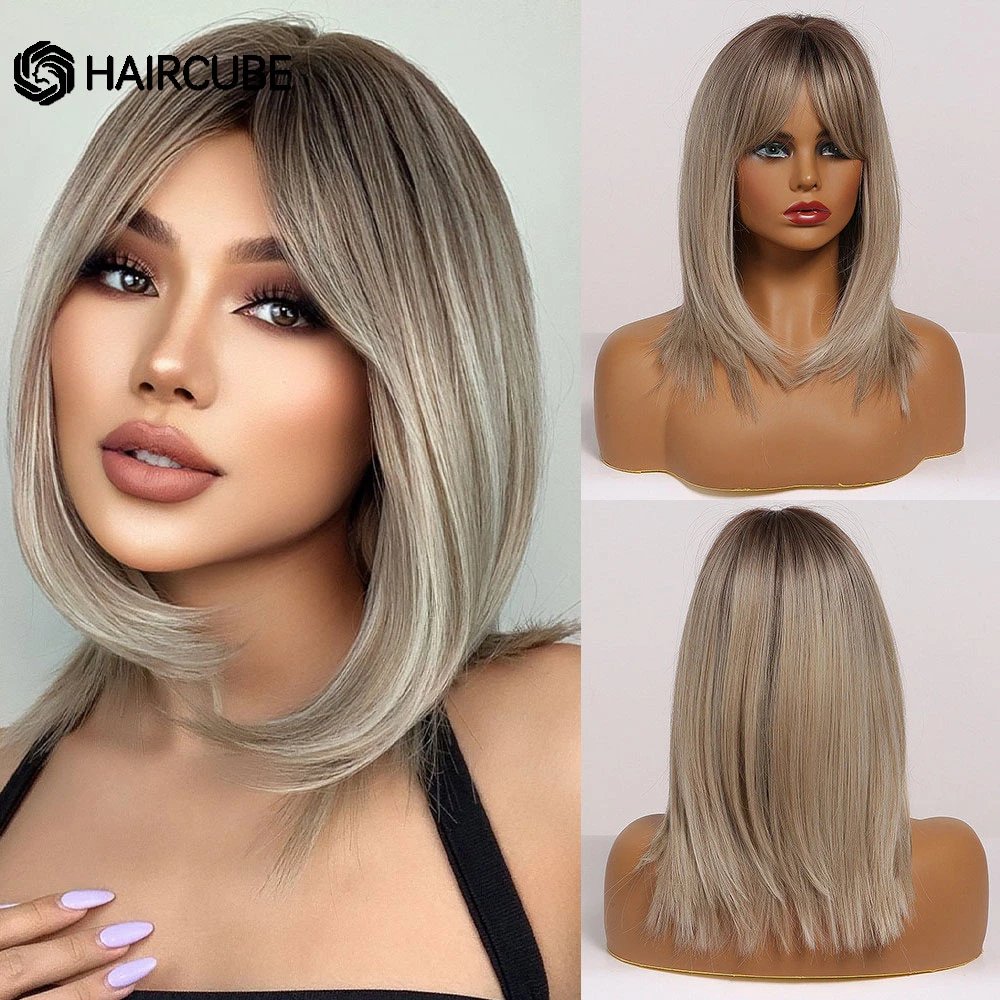 Medium Length Ombre Brown to Blonde Straight Hair Wigs with Bangs Synthetic Wigs for Women Cosplay Heat Resistant Natural Wigs