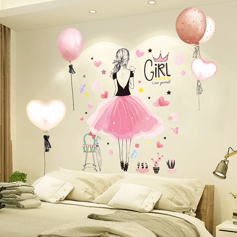 [shijuekongjian] Cartoon Fairy Girl Wall Stickers DIY Balloons Butterflies Wall Decals for Kids Rooms Baby Bedroom Decoration