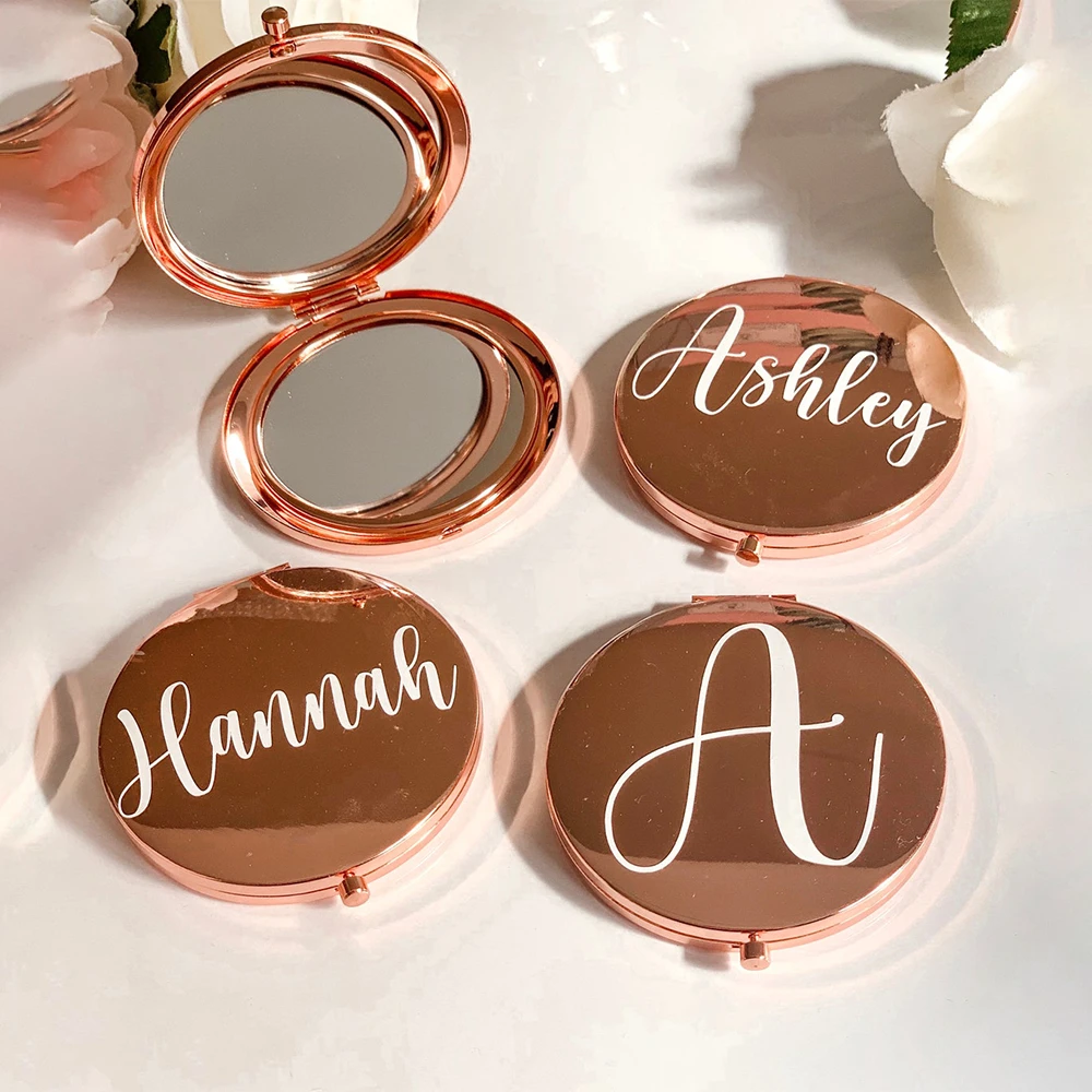 Personalized Bridesmaid Gift Simple Metal Compact Makeup Mirror Portable Double-Sided Folding Mirror Wedding and Christmas Gift