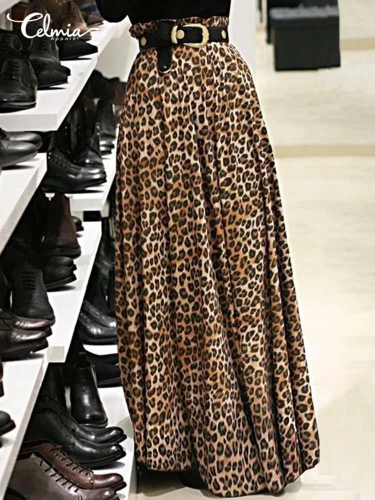 Long Skirt Women Elegant High Waist Skirts Sexy Leopard Print Maxi Skirts Celmia Fashion Elastic Party Skirt OL Casual Buttoms