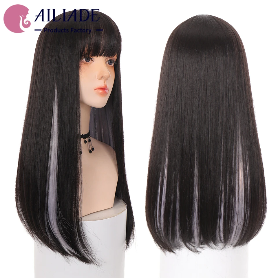 AILIADE Synthetic Long Straight Wigs Bangs Cosplay Wigs For Women Black Gray Party Lolita False Hair Wigs