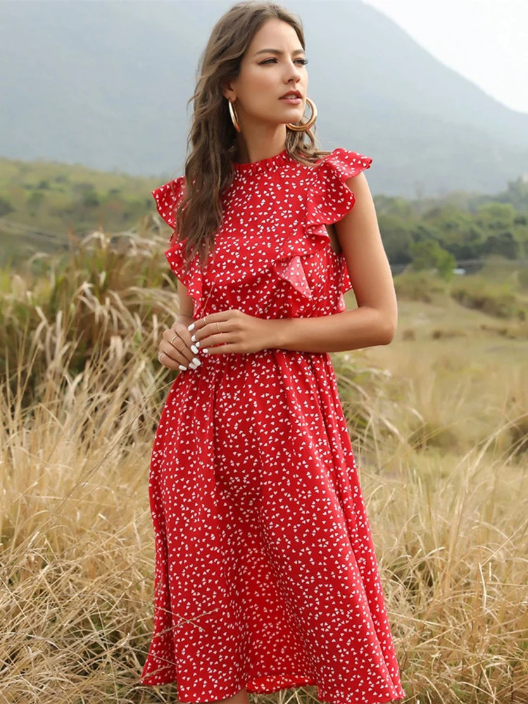 2021 New Summer Dot Print Dress Women Casual Autumn Winter Butterfly Sleeve Ruffles Medium Long Chiffon Dress