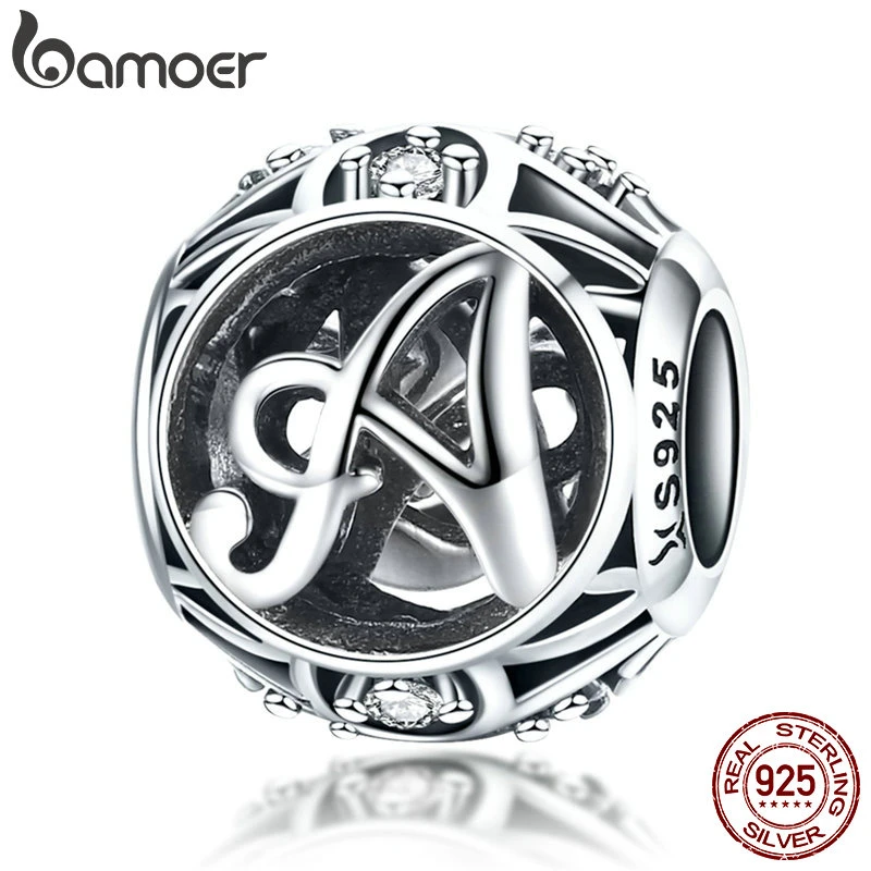 BAMOER Hot Sale 925 Sterling Silver Letter Collection A to Z Alphabet Charms Beads fit Women Charm Bracelet DIY Jewelry Making