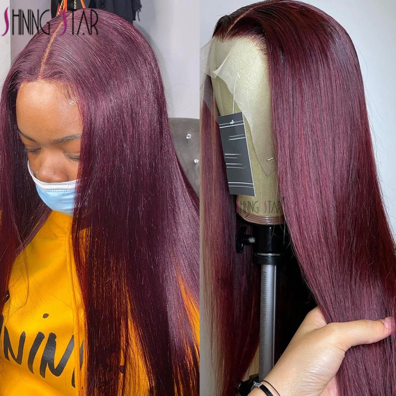 Burgundy Lace Front Human Hair Wigs 99J Human Hair Wig Brazilian Straight Lace Part Wig Pre-Plucked Remy Hair Shining Star 180