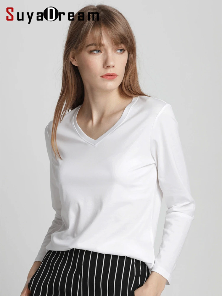 SuyaDream Women Solid T shirts Cotton and Silk mix Plain O neck Long Sleeved Shirts 2020 Autumn Winter Basic Top