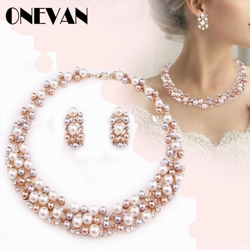 Simple Imitation Pearl Elegant Bridal Jewelry Crystal Necklace Earrings for Girl Party Gift Rhinestone Engagement Jewelry Sets