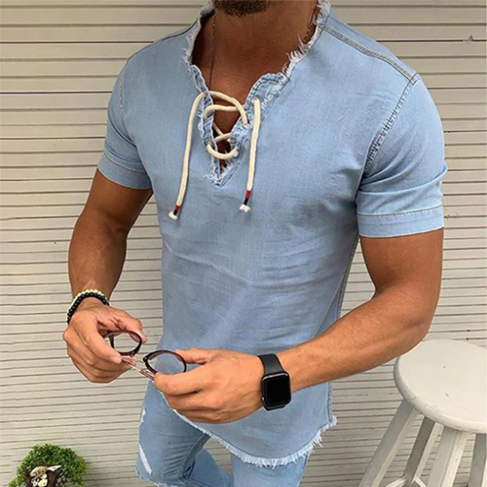 Denim Men's V Neck Short Sleeves Shirt Lace Up Solid Color Fringed Stretch Summer Fashion New Slimming Men's Casual T Shirt