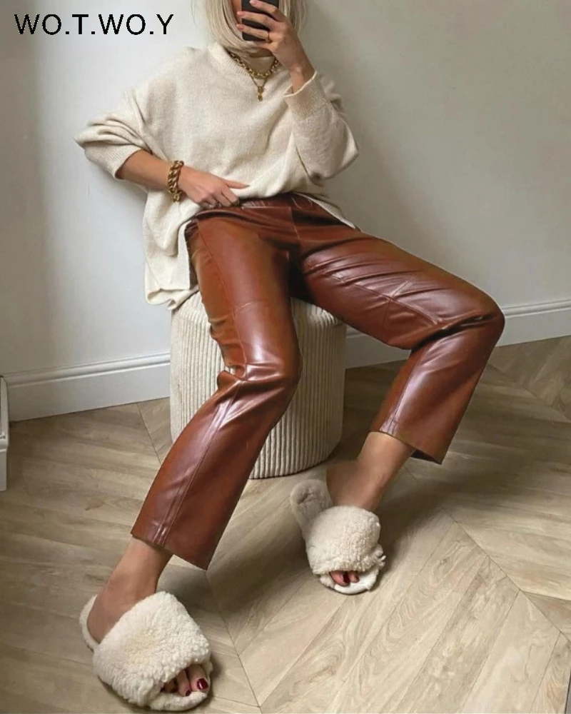 WOTWOY Drawstring Flocking Spliced Loose Leather Pants Women Autumn Winter High Waist Solid Casual Straight Trousers Female 2021