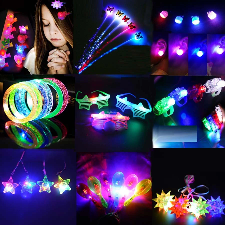 10pcs Glow Party Crown Flower Headband  LED Light Gadget Rings Luminous Earrings Valentines Day Wedding Birthday  Suplies