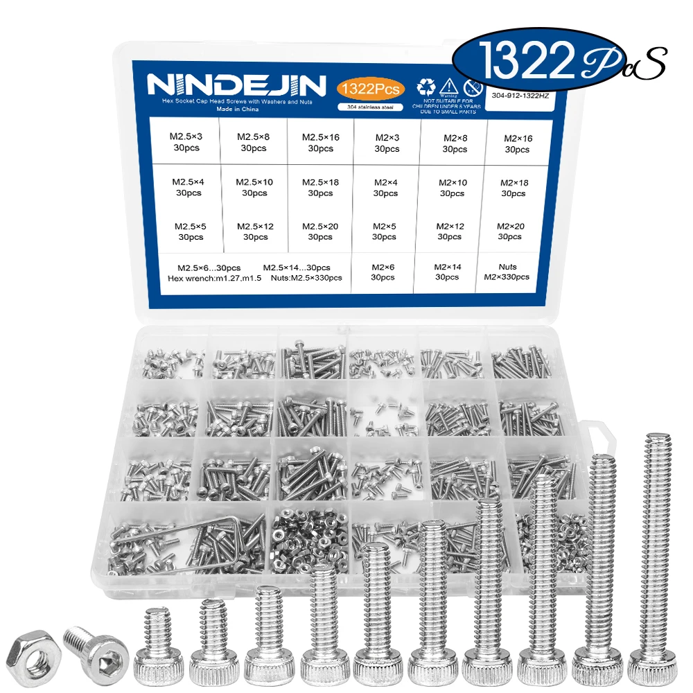 NINDEJIN 1322pcs/set Hexagon Socket Head Cap Screw and Nut Stainless Steel M2 M2.5 Hex Socket Countersunk Button Head Screw Set